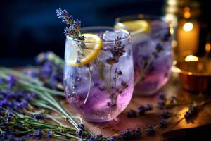 verano Violeta limonada con hielo cubitos y lavanda, generativo ai foto