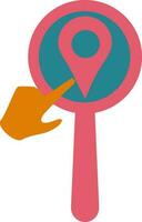 Map pin sign on magnify tool with hand in color style. vector