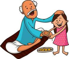 Little girl tying rakhi to her grandfather. vector