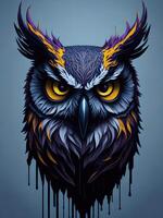 Illustration of an owl with striking yellow eyes in a painting created with technology photo