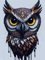 Illustration of an owl with striking yellow eyes in a painting created with technology photo