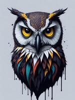 Illustration of an owl with striking yellow eyes in a painting created with technology photo