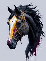 Illustration of a black horse with colorful paint splatters on its face standing in a field created with technology photo