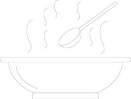 Black line art of hot bowl with spoon in flat style. vector
