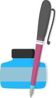 Ink bottle with pen in flat style. vector