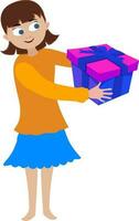 personaje de un pequeño niña participación regalo caja. vector