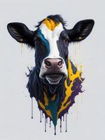 Illustration of a colourful cow head with vibrant paint splatters created with technology photo