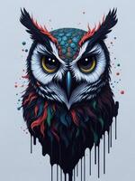 Illustration of an owl with striking yellow eyes in a painting created with technology photo