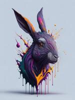 Illustration of a rabbit's head with colourful paint splatters created with technology photo