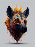 Illustration of a colorful dog portrait with abstract orange and blue splatters created with technology photo