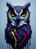 Illustration of an owl with striking yellow eyes in a painting created with technology photo