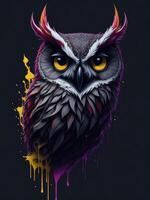 Illustration of an owl with striking yellow eyes in a painting created with technology photo