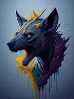 Illustration of a colorful dog portrait with abstract orange and blue splatters created with technology photo