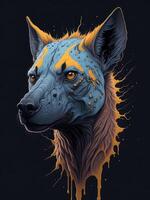 Illustration of a colorful dog portrait with abstract orange and blue splatters created with technology photo