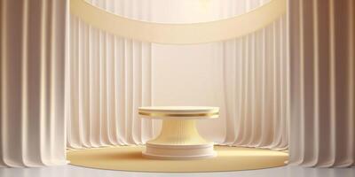 Elegant gold stripe display pedestal with beige curtain background template. Created with Generative AI technology photo