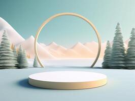 Display podium on snow covered field with round arch, pine tree forest and snow hills. Background template. Created with Generative AI technology photo