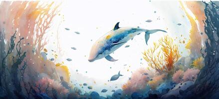 Watercolor painting of dolphin in beautiful ocean scene with fish and corals. Created with technology photo