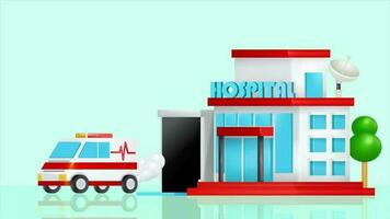 hospital edificio y ambulancia coche. 3d animación de un ambulancia dejando un hospital edificio. Perfecto para elementos y presentaciones video