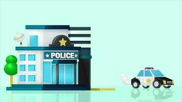 police station et voiture, département bâtiment. 3d animation de police voiture en quittant Bureau tournant sur sirène sur brillant bleu Contexte. parfait pour éléments et présentations video