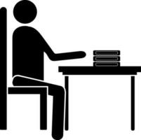 personaje de hombre sentado en silla y libros en mesa. vector