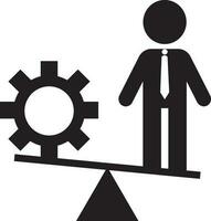 Character of faceless man standing on balance scale with cog wheel. vector