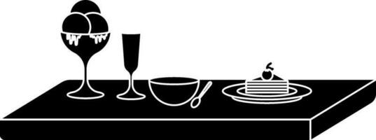 Bowl, spoon, cocktail glasses and ice cream glass decorated on table. vector