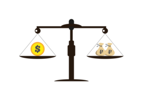 Coins with a symbol of dollar and ruble on scales.Overweight of currency. Business concept.  Elements for design. png