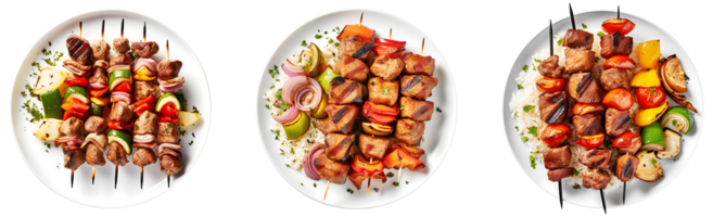 Turkish Shish Kabob on white plate, top view with transparent background, Technology png