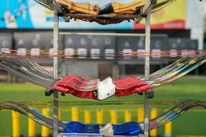 Close-up modern sport bow at shooting range for sports and entertainment. photo