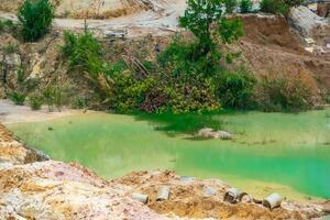 Abandoned ore mining mine with turquoise blue water photo