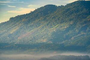 Mountains during dawn. Beautiful natural landscape in the summer time with fog photo