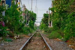 Incredible view of train passing through a narrow street, the Hanoi Old Quarter. Stock photo