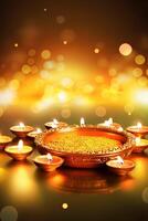 Illustration of Diwali festival Diya Lamp with rangoli at the bottom. . photo