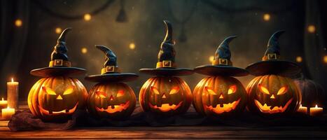Happy Halloween. Halloween pumpkins. Wreath of halloween. Witch wearing hat. . photo
