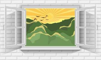 Vector illustration of mountain landscape with sunrise in morning through view of open window.