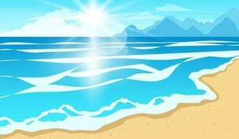 Vector illustration of a beautiful summer landscape of sandy beach by the sea with bright sun rays.