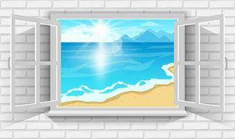 Vector illustration of beautiful summer landscape of sandy beach by the sea with bright sunlight through view of open window.