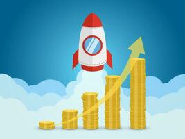 Rocket launches with stack of coins rising and arrow - concept of money growth and investment vector