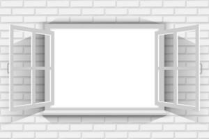 Open white window on brick wall with blank white background. Copy space for your design. vector