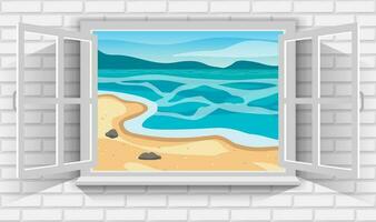 Vector illustration of beautiful summer landscape of sandy beach by sea through view of open window.