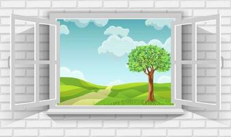 Vector illustration of beautiful scenery of green fields in countryside through view of open window.