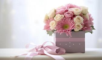 Floral bouquet of different flowers, bunch of flowers. pink roses, Chrysanthemum. . photo