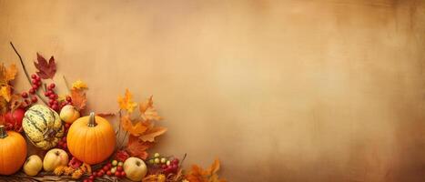 Festive autumn and Happy Thanksgiving decor from pumpkins, berries and leaves. . photo