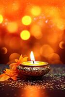 Illustration of Diwali festival Diya Lamp with rangoli at the bottom. . photo