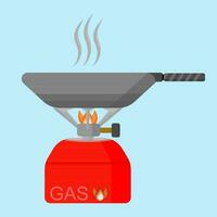 Gas stove, Oil burner with pan for camping, hiking and trail in flat vector illustration design