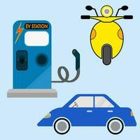 EV charger station, Motorcycle, scooter and Car in flat illustration design vector