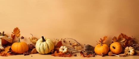 Festive autumn and Happy Thanksgiving decor from pumpkins, berries and leaves. . photo