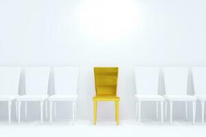 uno oro silla Entre blanco sillas. un fila de sillas en un blanco antecedentes. concepto de negocio ideas para solicitantes para selección, y trabajo entrevista, con Copiar espacio. foto