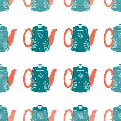Pattern of kitchen utensils, kettle, coffee maker.