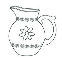 Dishes. Jug with floral ornament. Line art. vector